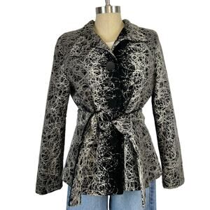 Vintage Bella Blue Goth Grunge Button Front Tie Waist Black Scribble Jacket M